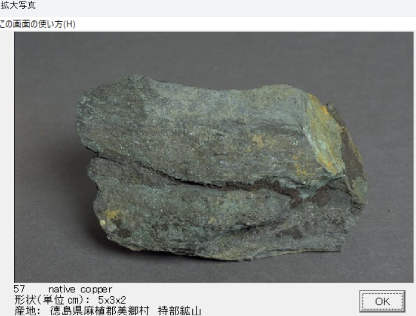 自然銅　徳島県麻植郡美郷町　持部鉱山　出典：本邦鉱物標本